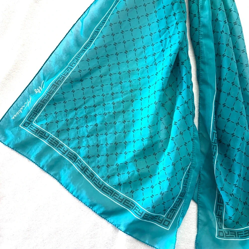 Effy Hematian 59x18 Turquoise Blue Monogram H Logo Oblong Scarf Greek Key Border